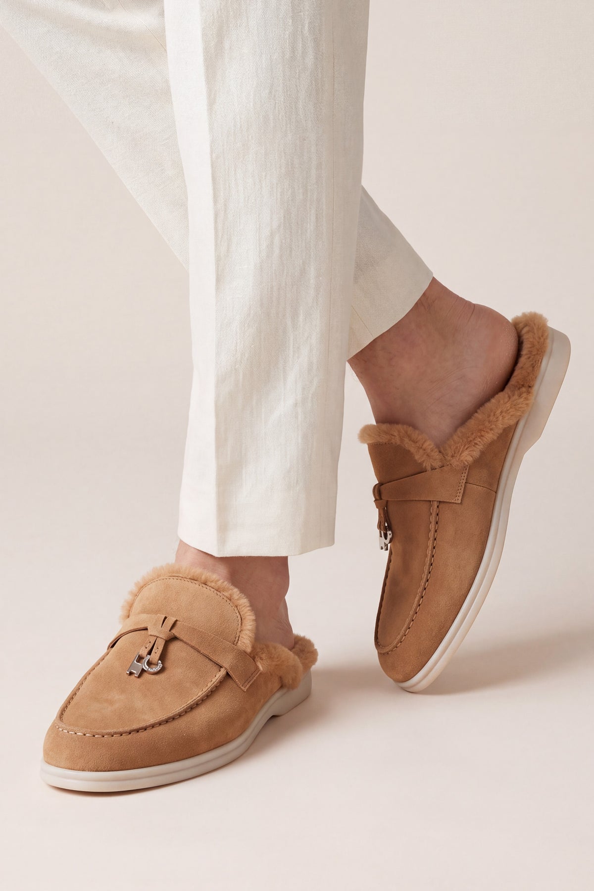 Maretti Fur-Lined Buckle Mule Camel