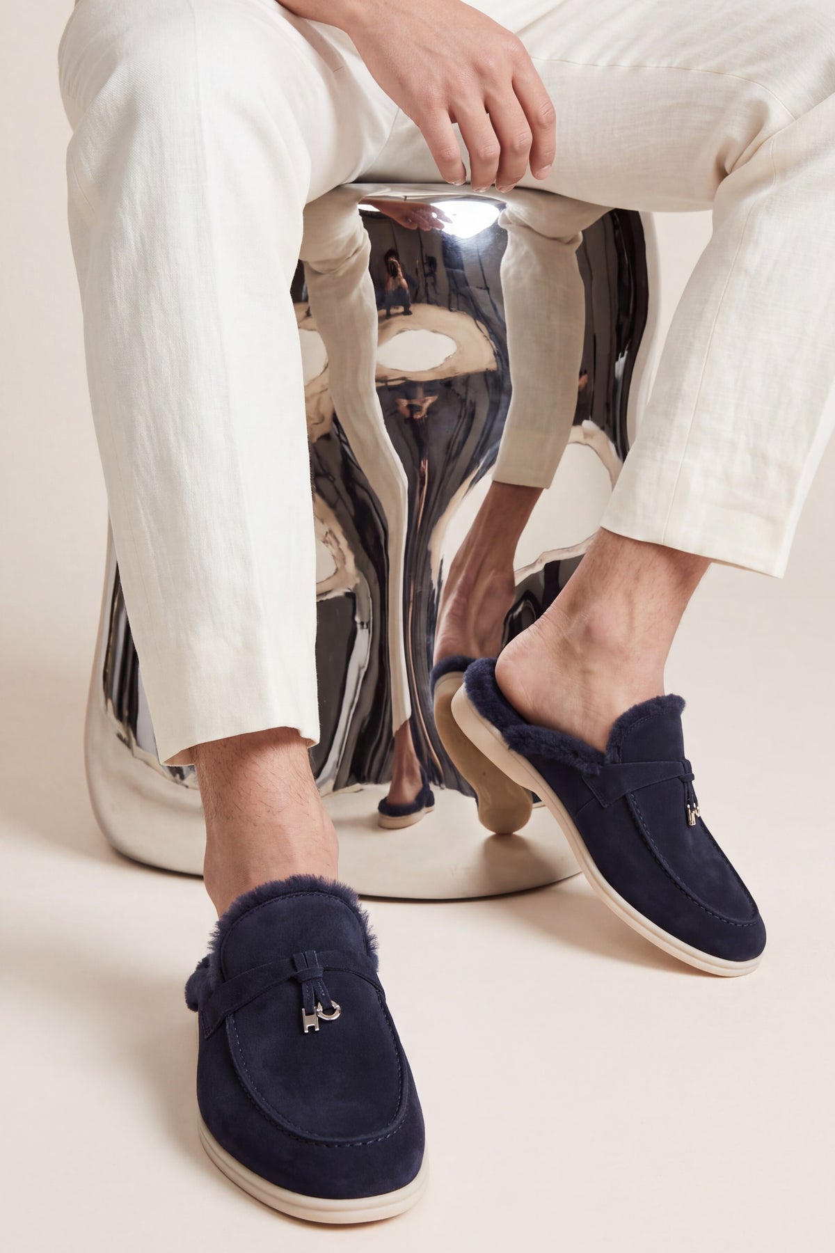 Maretti Fur-Lined Buckle Mule Navy