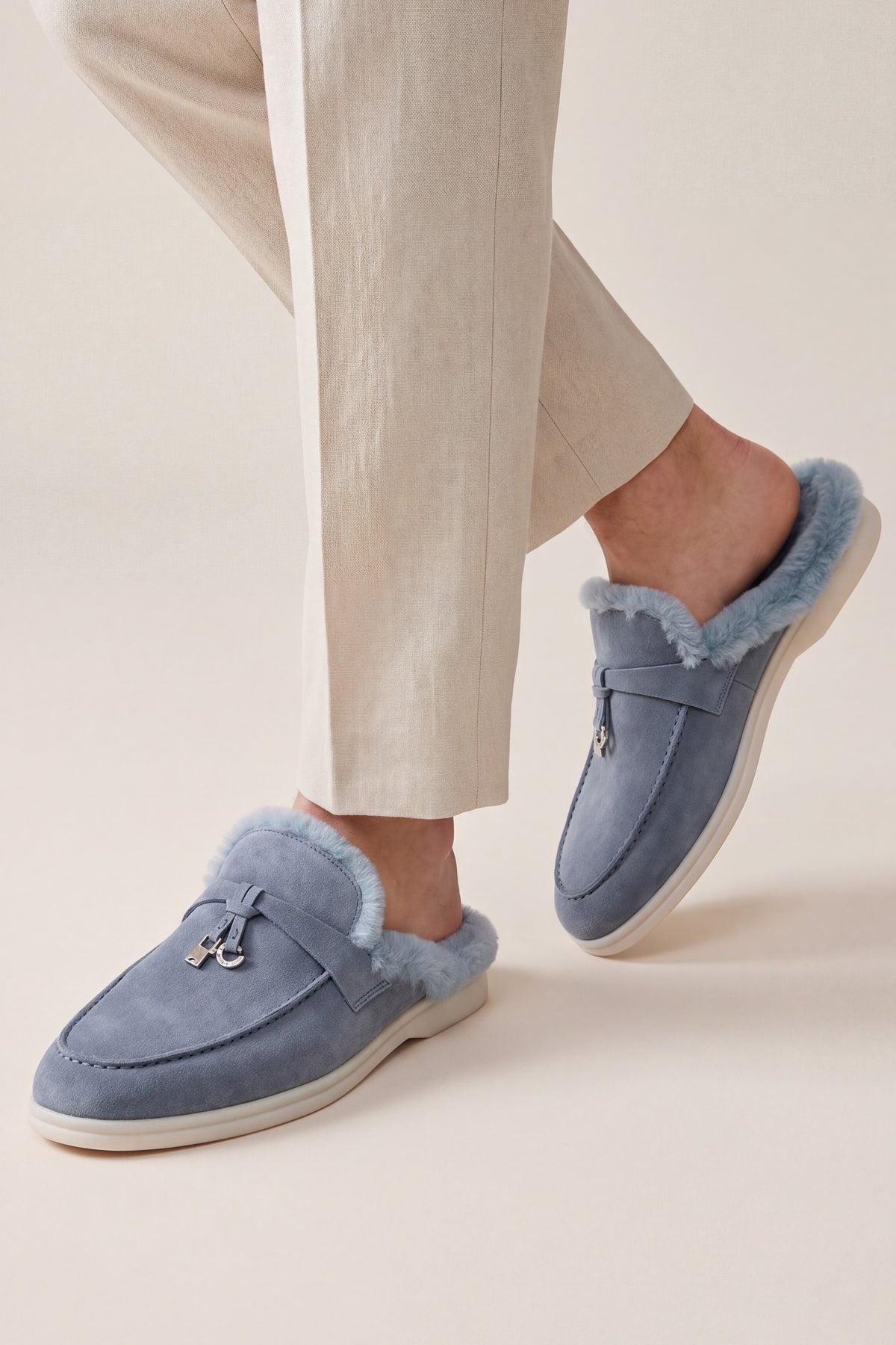 Maretti Fur-Lined Buckle Mule Light Blue