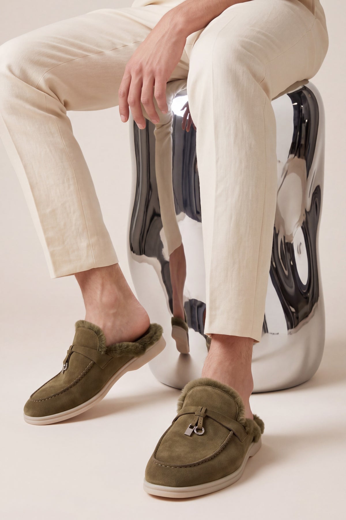 Maretti Fur-Lined Buckle Mule Olive