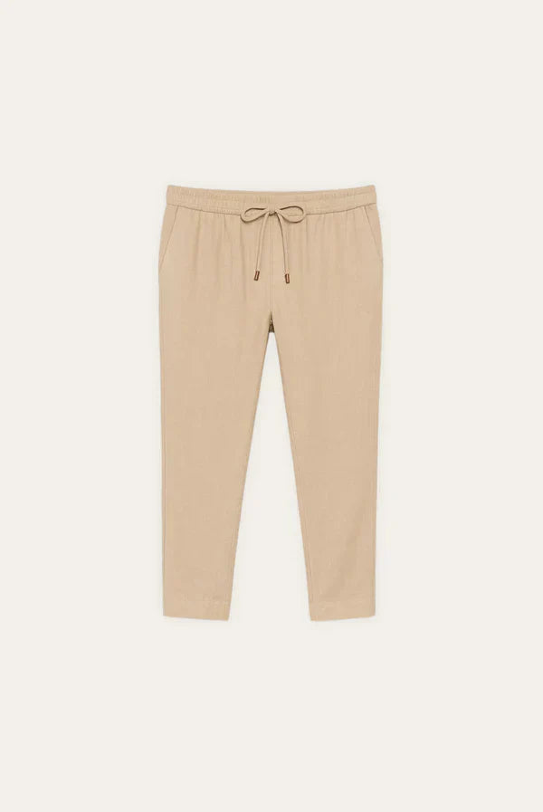 Beige Linen Blend Drawstring Trousers