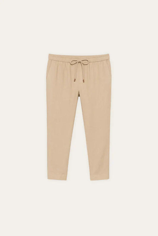 Beige Linen Blend Drawstring Trousers