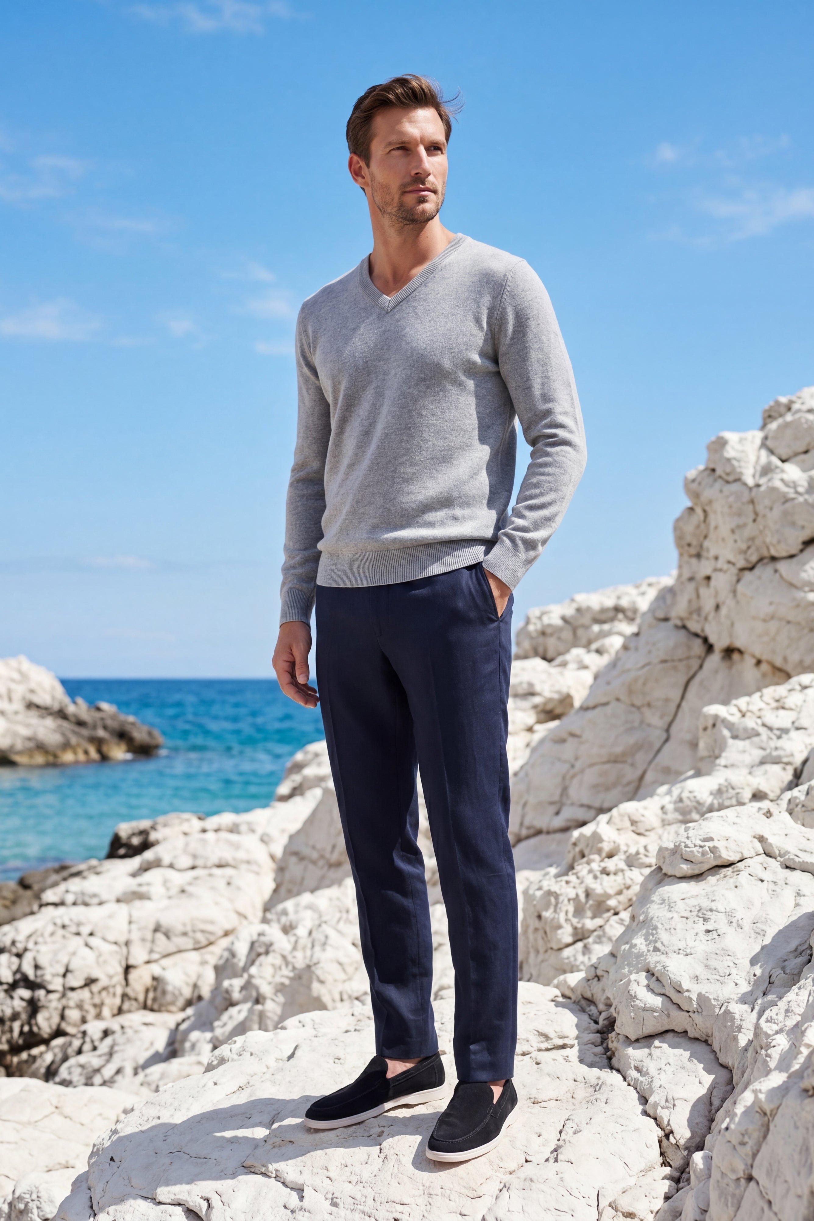 Merano V-Neck Knit Sweater Light Grey