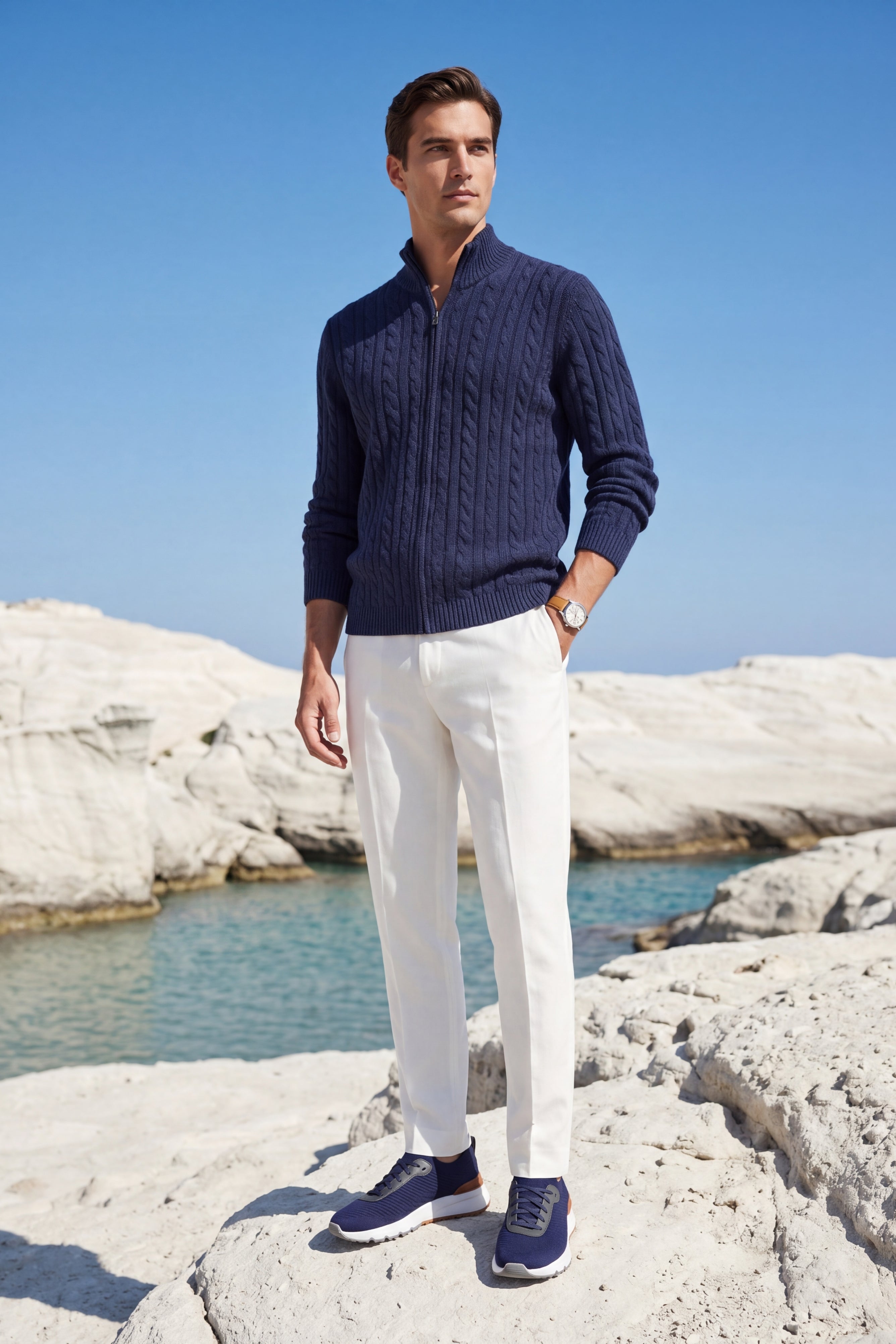 Bolzano Cable Zip Knit Blue Grey